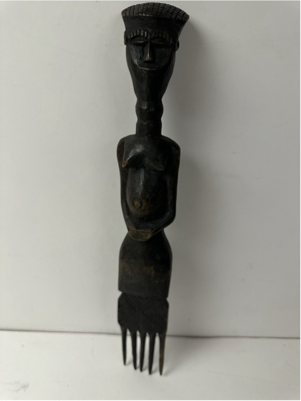 Vintage Hand Carved African Wood Hair Pick Comb Female Figural Handle Tribal Art